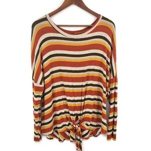 Caution To The Wind Womens Blouse Red Gold Gray Striped Tie